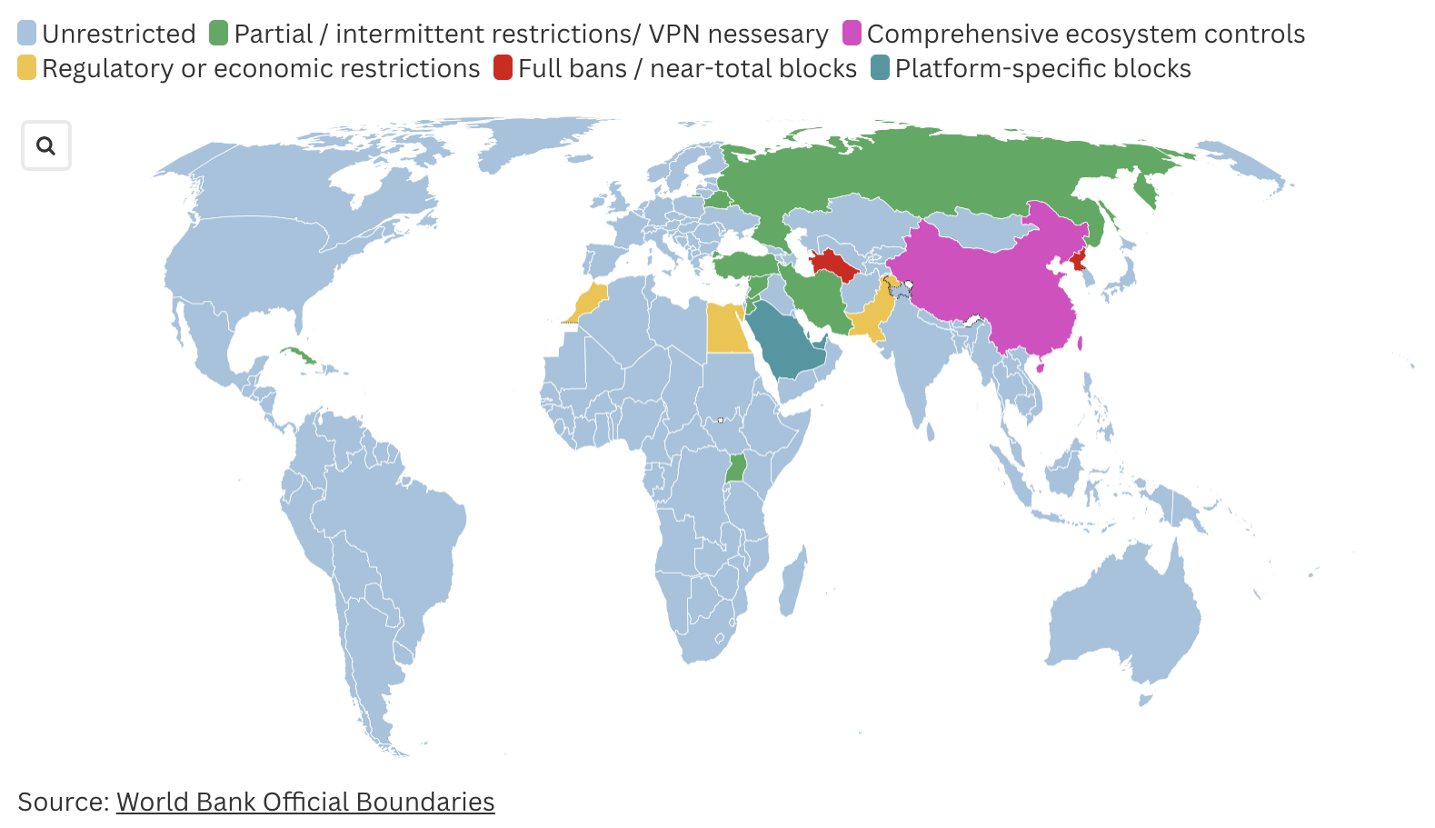 World map showing VoIP restrictions by country